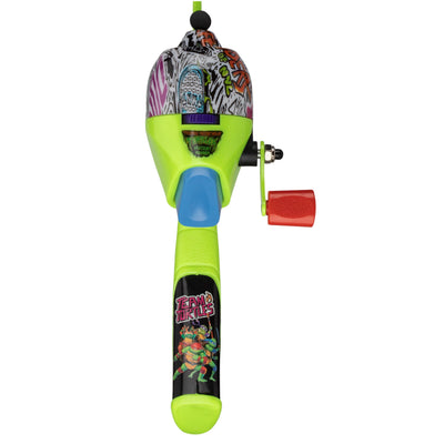 Angled view of TMNT youth fishing pole with neon green rod, pre-spooled graphic reel, push-button grip on white background