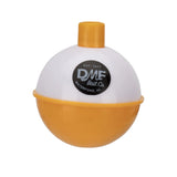round yellow and white fishing bobber labeled EST. 1977 DMF Bait Co. WATERFORD, MI