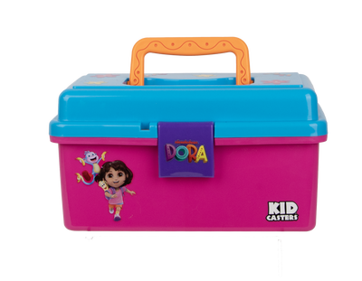 Front view of Dora Play Box showcasing colorful Dora characters, orange handle, purple locking latch, and removable tray on a white background