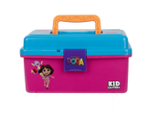 Front view of Dora Play Box showcasing colorful Dora characters, orange handle, purple locking latch, and removable tray on a white background