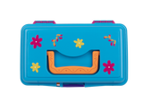 Top view of Dora Play Box with blue case, recessed orange handle, pink and yellow flower graphics, and purple latch