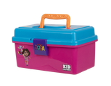 Quarter view of Dora Play Box with orange handle, blue lid, purple latch, removable tray and Dora graphics
