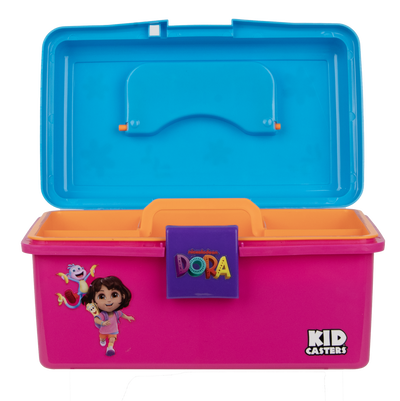 Front view of Dora Play Box showcasing colorful Dora characters, orange handle, purple locking latch, and removable tray on a white background