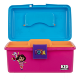 Pink toy play box with open blue lid, Dora character sticker, latch labeled nickelodeon DORA, and KID CASTERS logo.