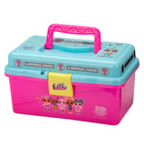 LOL Surprise playbox storage box — teal lid with 'SURPRISES INSIDE!', pink base, yellow latch 'LOL SURPRISE!', KID CASTERS logo