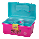 Pink and teal LOL Surprise playbox with open lid, compartments, yellow latch labeled 'LOL SURPRISE!' and 'KID CARRIERS' sticker