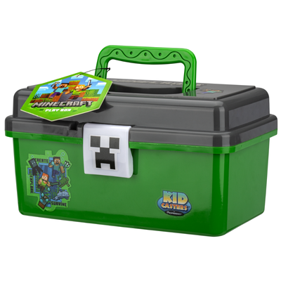 Three-quarter view of Minecraft Play Box with Creeper-face latch, green handle, Kid Casters tag on white background