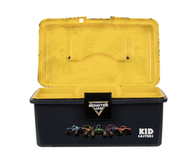 Front view of Monster Jam Play Box with yellow splatter lid, black base, top handle, locking latch and Kid Casters logo