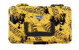 Top view of Monster Jam play box showing yellow case with black tire-tread splatter, Monster Jam logo, black handle and latch