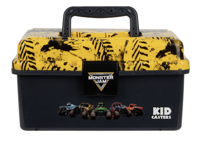Front view of Monster Jam Play Box with yellow splatter lid, black base, top handle, locking latch and Kid Casters logo