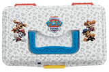 Top view of Paw Patrol play box showing blue handle, logo and character graphics on white patterned shell with yellow latch