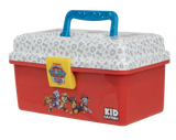 Quarter view of Paw Patrol Play Box showing red base, patterned white lid, blue handle and yellow latch on white