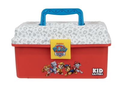 Front view of Profishiency Paw Patrol play box with blue handle, white lid, yellow locking latch and red base with characters