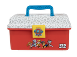 Front view of Profishiency Paw Patrol play box with blue handle, white lid, yellow locking latch and red base with characters