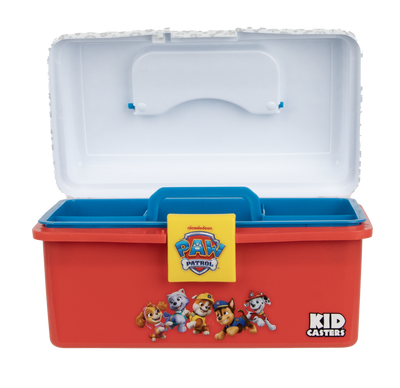Front view of Profishiency Paw Patrol play box with blue handle, white lid, yellow locking latch and red base with characters