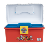 Front view of Paw Patrol play box with open lid, removable tray, yellow latch and Paw Patrol graphic on red body