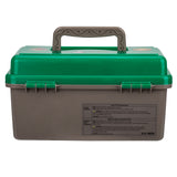 Front view of Peanuts youth tackle box with green lid, gray base, handle and two latches on white background