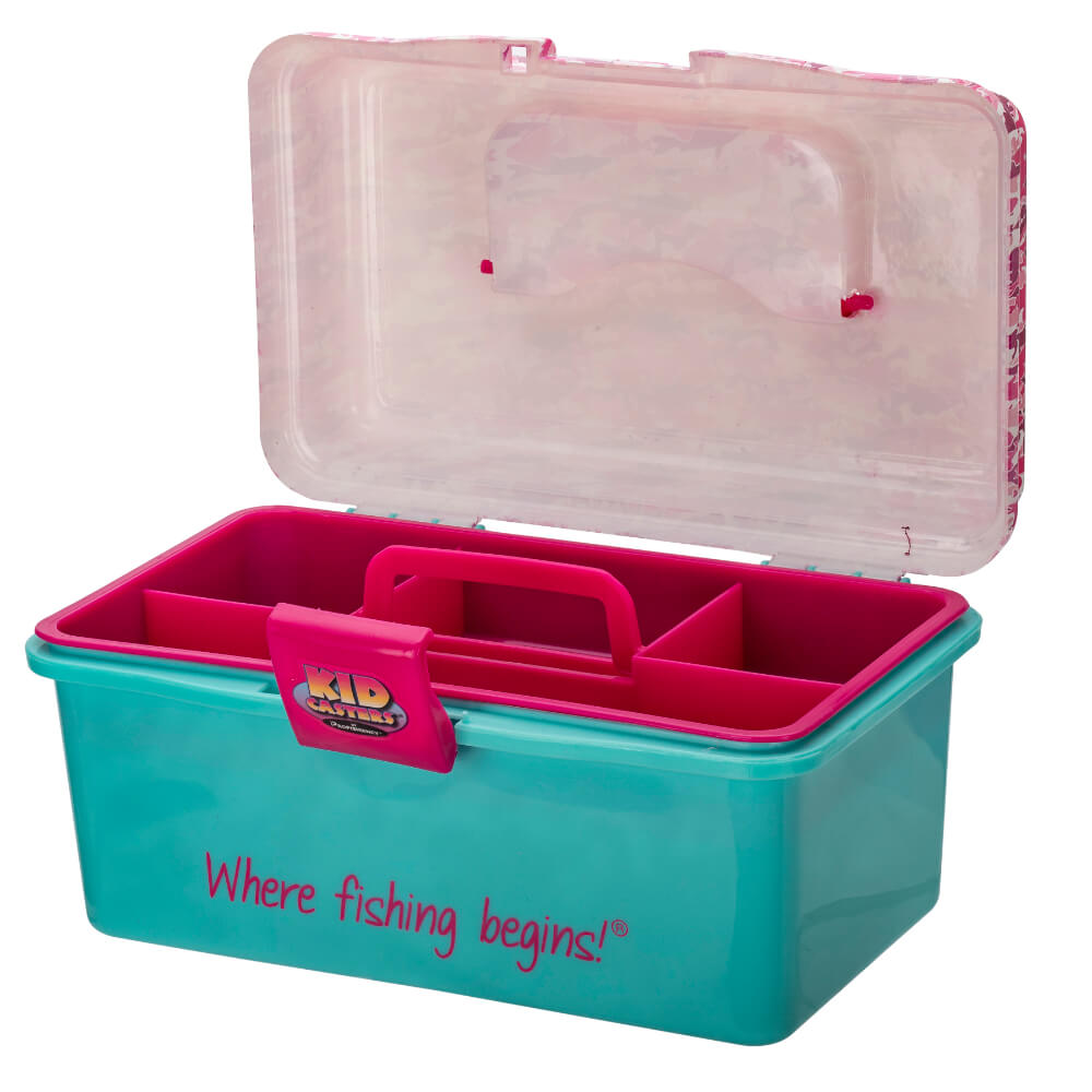 cute tackle box PLUSINNO Large 3 Layers Fishing Lures Kit with Tackle Included and a padlockable latch Kid Casters Blue/Pink Camo Tackle