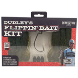 Dudley's Flippin' Bait Kit Perfection Lures showing six green pumpkin craw baits, 4/0 EWG hook and three 1/4oz weights