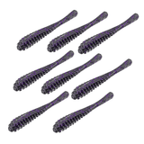 Front view of nine Profishiency Pipkens Drop Shot soft plastic baits in smoke with purple flakes, ribbed body on white background