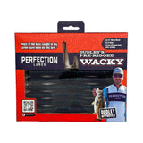 Perfection Lures Dudley's Pre-Rigged Wacky worms package (junebug); angler Dudley holding bass with 'Dudley Approved' label