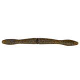 Pre-rigged green pumpkin stick bait with violet glitter and center O-ring