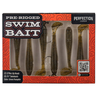Front view of pre-rigged swim bait kit showing six 3.5-inch green pumpkin swimbaits and two 3/16 oz jig heads in window box