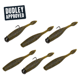Front view of six Dudley's pre-rigged 3.25 inch green pumpkin Ned worms with 1/8 oz jig heads on white background, DUDLEY APPROVED label