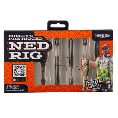 DUDLEY'S PRE-RIGGED NED RIG box with PERFECTION LURES logo; SCAN ME HOW TO FISH; DUDLEY APPROVED