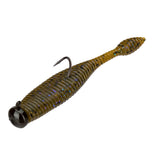 Dudley Ned rigged soft-plastic bait on mushroom-style jighead, olive with blue flecks