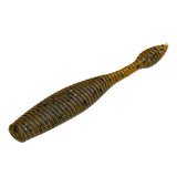 Ribbed olive-brown Ned-style soft plastic worm lure with blue-green glitter flakes, tapered tail.