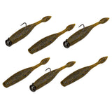 Six olive-green ribbed Ned-rig soft-plastic baits, three fitted with black jig heads