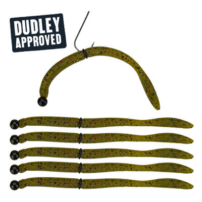 Front view of Perfection Lures Neko rig kit pre-rigged by Dudley showing six green Sungill worms in windowed retail packaging