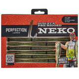 Front view of Perfection Lures Neko rig kit pre-rigged by Dudley showing six green Sungill worms in windowed retail packaging