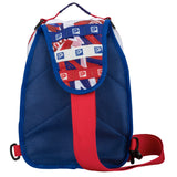 Back view of blue mesh kids' sling pack with red strap and repeating P logo on tabs