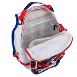 Three-quarter view of Profishiency Americana Sling open showing included clear 3600 tackle box with visible measurement markings and red-white-blue front zip pocket
