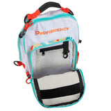 backpack with PROFISHIENCY logo; front pocket open showing interior organizer, zipper pocket and key clip