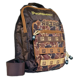 PROFISHIENCY camo sling bag with 'RETRO' front pocket and repeated 'P' tab logos.