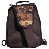 Back view of Profishiency Retro Sling Bag, padded mesh back, adjustable strap, camo MOLLE panel with P logos on white