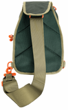 Rear view of SOGO Sling Bag showing padded mesh back, wide adjustable olive strap and orange hardware