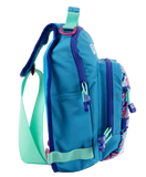 Side view of Profishiency Wild Child sling bag showing teal ripstop, adjustable mint strap, and zippered pockets