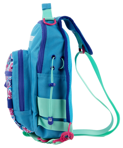 Front view of Profishiency Wild Child sling bag showcasing turquoise body and multicolor front pocket on white background