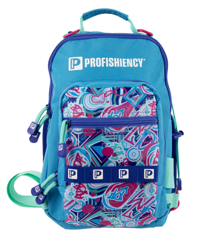 Front view of Profishiency Wild Child sling bag showcasing turquoise body and multicolor front pocket on white background