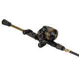 Angled view of Profishiency SNIPER Black spincast reel with black-and-gold accents and dual EVA handles on white background