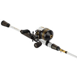 Angled close-up of Profishiency Sniper 6 ft 8 in spincast combo showing gold-accent reel and EVA handles on white background