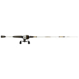 Side view of Profishiency Sniper spincast combo showing white rod with low-profile spincast reel and black foam handles on white background