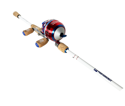 Angled view of Profishiency Americana 6' two-piece spincast rod with cork handles and red-and-blue spincast reel on white background