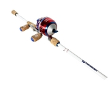 Angled view of Profishiency Americana 6' two-piece spincast rod with cork handles and red-and-blue spincast reel on white background