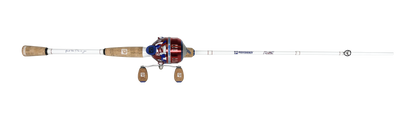 Angled view of Profishiency Americana 6' two-piece spincast rod with cork handles and red-and-blue spincast reel on white background