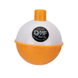 Round orange-and-white fishing bobber labeled EST. 1977 DMF Bait Co. WATERFORD, MI.